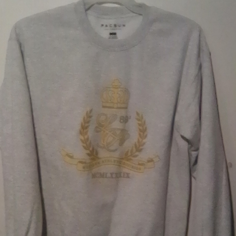 PacSun Gray and Gold Crewneck Sweater with Emblem